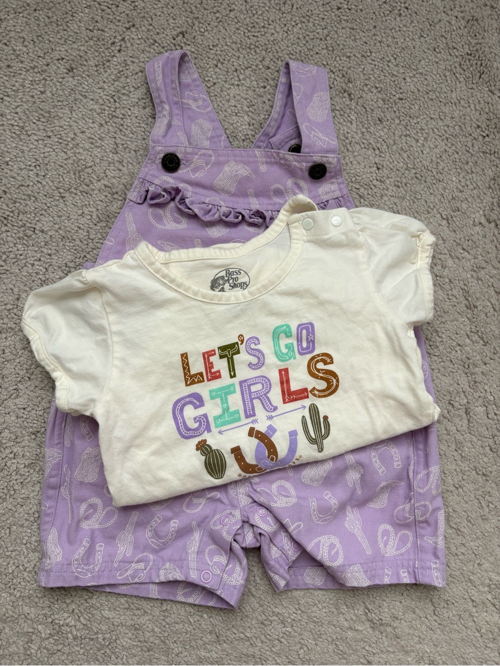 Bass Pro Shops Lavender Shortall Set with Cream Graphic Tee